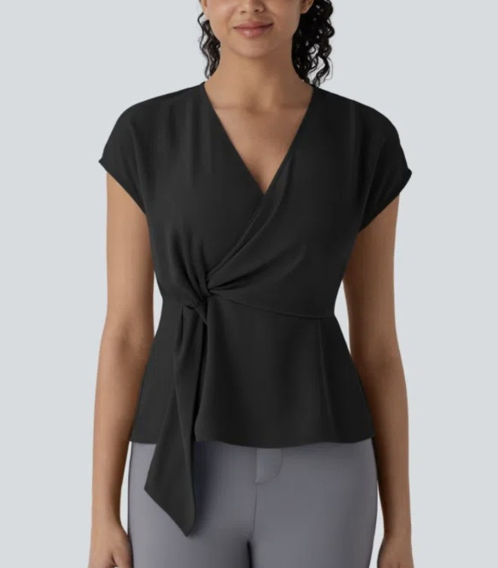 Halara Wrapped‎ Work Blouse Size Medium Black V-Neck Short Sleeve Dressy Career